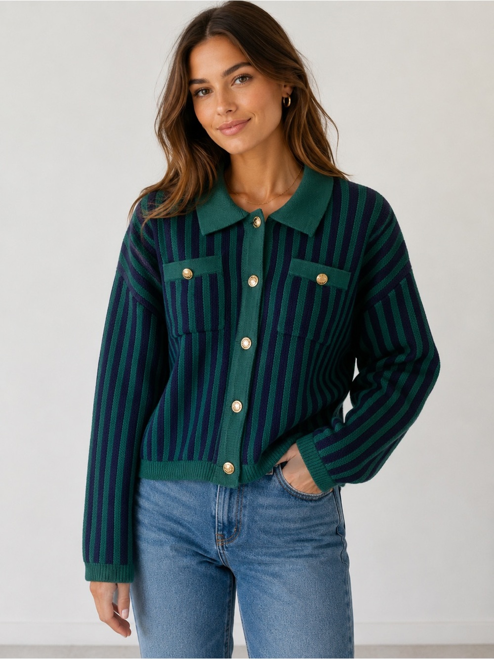 EMERSON LANG Classy Luxury Quality Cardigan Sweater in Green Navy Blue Stripe